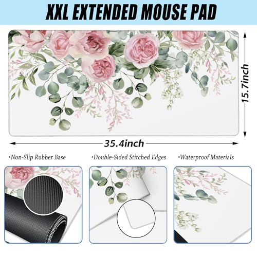 Desk Mat,Peony Flowers and Eucalyptus Leaves Large Gaming Mouse Pad for Desk XXL,Pink Floral Desk Pad,Extended Big Computer Keyboard Mouse Pad with Non-Slip Base Stitched Edges 35.4"x15.7" - color: Peony Flowers and Eucalyptus Leaves, size: XXL-35.4"x15.7