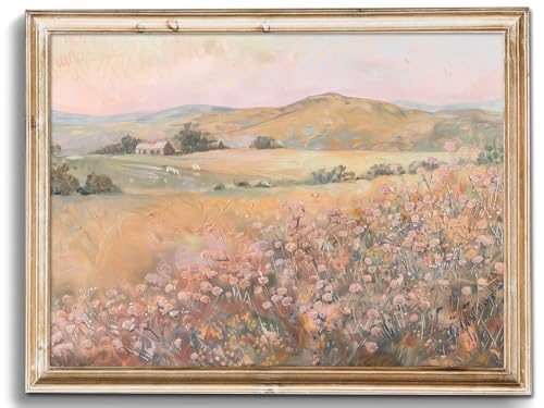 uniro Vintage Wall Art Prints Wildflower Farmhouse Wall Decor, Vintage Landscape Canvas Oil Painting Peach Pink Flowers Mounatin Artwork for Bedroom Nursery Decor (8" x 10"-UNFRAMED) - color: Pastel Widflower