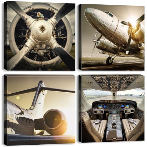 Vintage Airplane Wall Art Aviation Decor Airplane Propeller Wall Decor for Boys Room Office Military Fighter Canvas Poster Aircraft Engine Artwork for Mens Bedroom Man Cave Home Decoration 12x12" 4Pcs - color: Airplane, size: 12 x 12 in