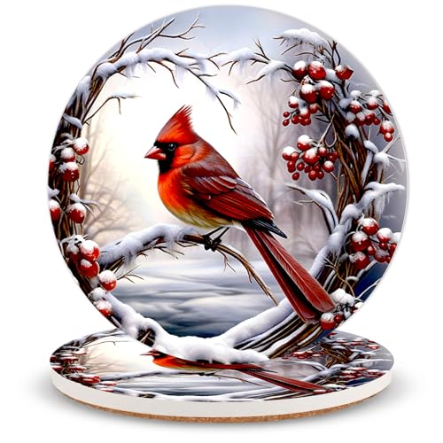Red Bird Ceramic Coasters of 2 with Cork Backing Absorbent Cup Coaster | Non-Slip Coasters for Drinks and Coffee Table Office Desk Home Decor, Gifts for Red Bird Fans, Mom, Birds Lovers - color: Red Bird