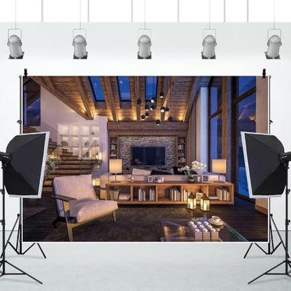 Yeele 6x4ft Living Room Backdrop Modern Cozy Apartment Night Living Room Sofa Wooden Staircase Photography Background for Live Video Online Meeting Video Conference Decor Photo Shoot Props - size: 6x4ft