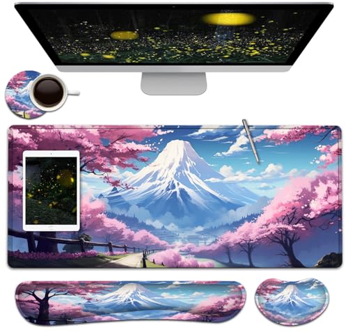 Large Mouse Pad + Keyboard Wrist Rest Set, Extended Gaming Mousepad (31.5X11.8 inch) with Non-Slip Rubber, Ergonomics Memory Foam Mouse Wrist Rest Support, Mt Fuji and Cherry Blossom XXL Desk Pad - color: Yu-Mouse Pad-3-B40