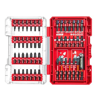 Geinxurn 49Pieces Impact Screwdriver Bits Set, Magnetic S2 Steel Phillips/Slotted/Square/Torx Insert Power Bits Tips, Impact Bit Holder with Red Storage Box Case - style: STKB049-RD