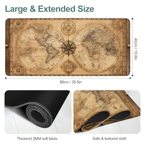 Vintage World Map Extended Gaming Mouse Pad 35.4 x 15.7 Inch – Retro Desk Mat for Gaming, Office Work, and Study, with Non-Slip Rubber Base - color: #33, size: 35.4 x 15.7 Inch