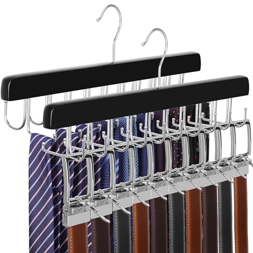 TOPIA HANGER 2 Pack 2 in 1 Belt Tie Hanger for Closet Max 60 Belts with 60 Ties Capacity, 40 Hooks Belt Tie Racks Wooden Hanger for Closet Organizer Storage “U” Fit Belt and “一” Fit Tie - CT52B - color: Black-2 Pack