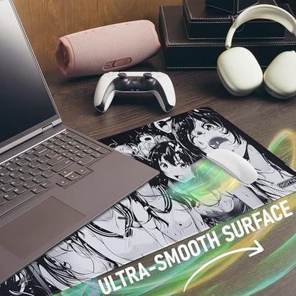XL Black & White Manga Gaming Mouse Pad – Large Japanese Art Desk Mat for Keyboard & Mouse – Non-Slip Water-Resistant Surface, Stitched Edges – 31.5x11.8 in (X-Large) - color: Ahegao, size: 31.5L x 11.8W inches