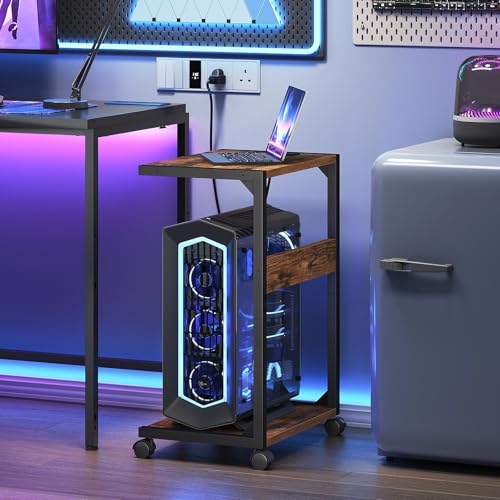 HOOBRO Computer Tower Stand, PC Stand with Charging Station, 2-Tier PC Tower Stand with Locking Caster Wheels, CPU Stand Fits Most PCs, PC Stand for Floor, for Home Office Rustic Brown BF01UCJ01G1 - color: Rustic Brown, Black