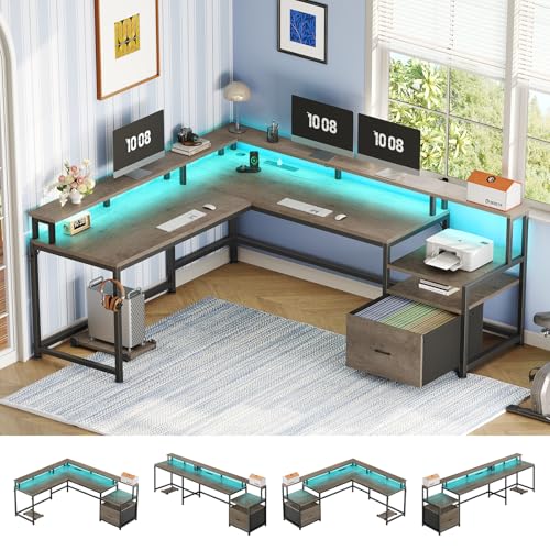 SEDETA 66" L Shaped Desk with Power Outlet, Reversible Home Office Computer Desk with File Drawer & Monitor Shelf, Storage Shelves, LED Lights for Corner Small Spaces, Walnut - color: Walnut