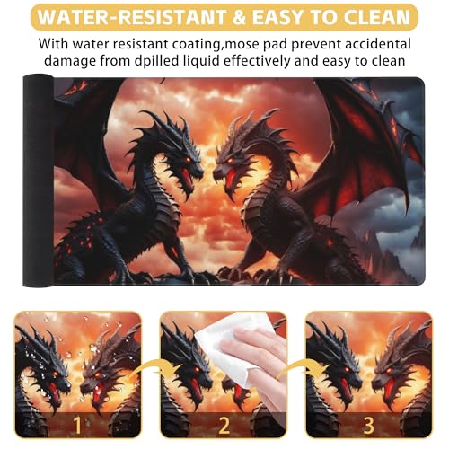 Dragon Desk Mat Large Mouse Pad Gaming Mousepad 31.5 x 15.8 in | Desk Pad for Keyboard and Mouse, Large Non-Slip Rubber Base Mousepad Desk Mat with Stitched Edges for Gaming Office - color: Dragon