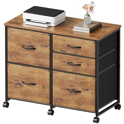 YeTom Lateral File Cabinet with 5 Drawers Rolling Filing Cabinets Under Desk Storage Printer Stand with Wheels,Mobile File Cabinet for Home Office,Rustic Brown - color: Rustic Brown2