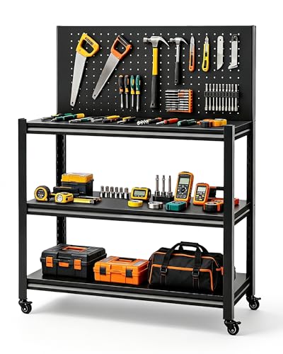 Pterying 52" Rolling Work Table, Adjustable Height Workbench with Lockable Wheels, Pegboard, Heavy Duty Mobile Work Bench for Garage, Tool Workshop, Woodworking and Mechanics