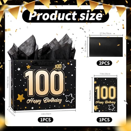 Powbrace 13" Black 100th Birthday Gift Bag with Tissue Paper and Greeting Card for Party,Happy Birthday Gift Bag for Men Women,Gift Bags Medium size(1 Black 100th) - color: Black 100th, size: 1 count (Pack of 1)