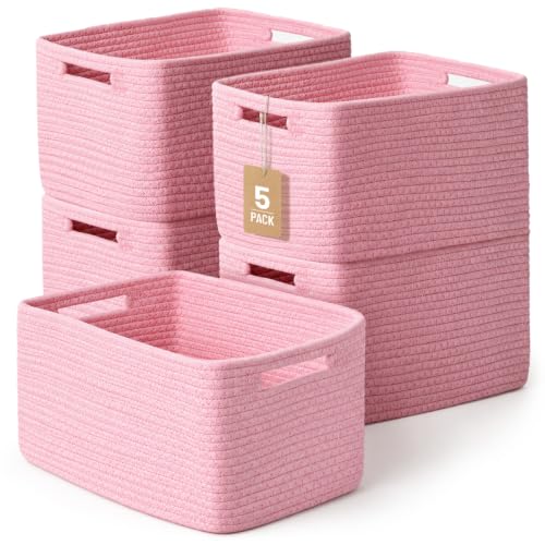 5 Pack Woven Storage Baskets for Shelves Organizing, Decorative Cotton Rope Organization Storage Bins for Toy, Book, Towel, Clothes, Closet, Nursery, Bathroom & Home Decor, Pink - color: Pink