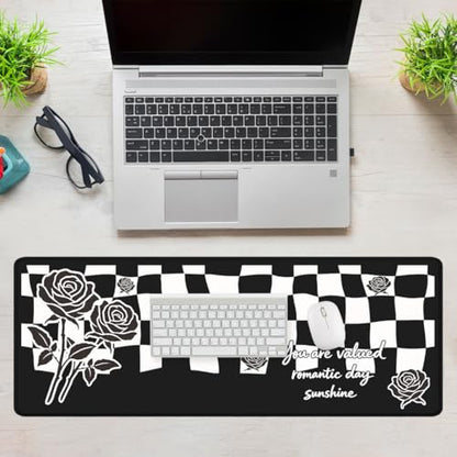 Checkerboard Rose Gaming Mouse Pad Emo Aesthetic Art Large Desk Mat with Stitched Edges,Non-Slip Waterproof Rubber Base Mouse Mat Office Computer Keyboard Laptop 31.5"x11.8" - color: Checkerboard Rose
