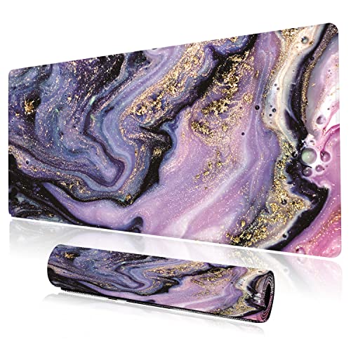 Desk Mat, Purple Marble Pattern Large Desk Pad Extended Gaming Mouse Pad, 35.4 x 15.7inch Mouse Pad with Non-Slip Rubber Base Stitched Edges, Home Office Decor for Women Girls Men Boys - color: Purple Marble