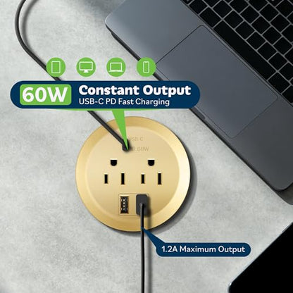 TOPGREENER GaN Desk Grommet with 65W PD for MacBook, Desktop Power Grommet with 1 Fast Charging USB-C Port, 2 USB-A Ports and Duplex Receptacles, TTRP48APD60-GD, Gold - color: Gold