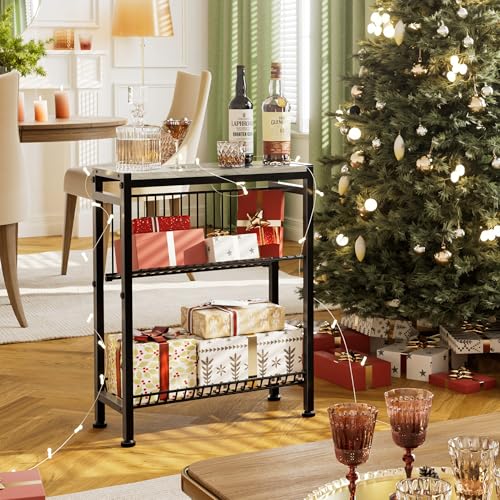 Narrow Side Table for Small Space, 3-Tier End Table with Magazine Holder, Slim Nightstand with Wire Shelf, Skinny Bedside Table in Living Room, Bedroom, Study, Kitchen and Balcony(Greige) - color: Upgrade-greige
