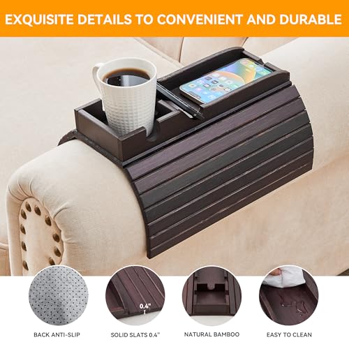GEHE Bamboo Couch Cup Holder, Anti-Spill Sofa Arm Tray, Natural and Easy to Clean Couch Arm Cup Holder Armrest Tray Perfect for Cups, Beers, Snacks, Remote Control, Drinks - color: Deep Mahogany