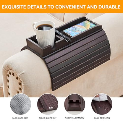 GEHE Bamboo Couch Cup Holder, Anti-Spill Sofa Arm Tray, Natural and Easy to Clean Couch Arm Cup Holder Armrest Tray Perfect for Cups, Beers, Snacks, Remote Control, Drinks - color: Deep Mahogany