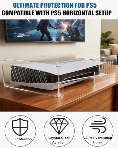 Fletzorb Horizontal PS5 Acrylic Dust Cover, Clear Console Protector for PS5 Slim/Pro with Base, Easy Assembly Heat Dissipation Case, Anti-Scratch & Dustproof, 17" L x 13" W x 6" H - size: 17" x 13" x 6"