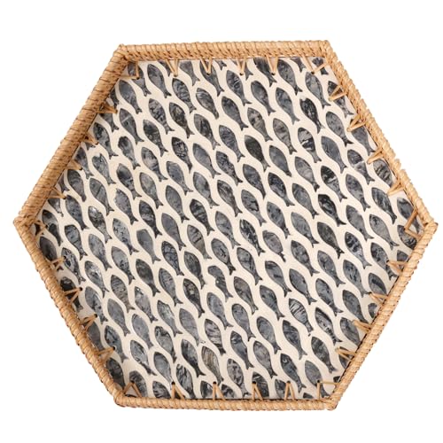 Hexagon Rattan Tray with Mother of Pearl Inlay, Rattan Serving Tray for Coffee, Bread, Fruits, Snacks, Decorative Wicker Tray for Table Decor, Home Decor (Black Fish, 14.5"×12.8") - color: Little Blackfish