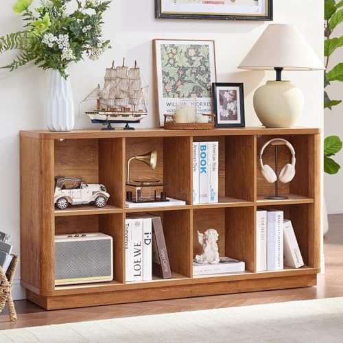 Joaxswe 8 Cube Storage Book Shelf, 52" Long Horizontal Bookshelf with Curved Edge, Floor Standing Wooden Cubby Bookcase with Base, Low Modern Console Book Case, TV Stand for Living Room, Brown - color: Brown, size: 8 Cube (11.81"D x 52.75"W x 28.6"H)