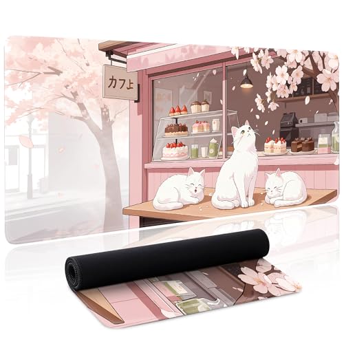 Pink Cute Cat Gaming Mouse Pad Large Desk Mat Extended Keyboard Mouse Pad Anime Mousepad with Non-Slip Base and Stitched Edge Mouse Mat Desk Pad 31.5 x 11.8 in Mouse Pads for Desk Home Office Gaming - color: Pink Cherry Blossom Cat