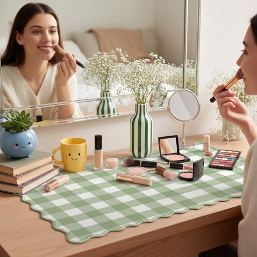 Copkim 1 Pcs Scalloped Green Gingham Desk Mat 31.5 x 11.8 Inch Large Cute Mouse Pad Computer Mat Non Slip Waterproof Rubber Base with Border Stitching Soft Keyboard Pad for Home Office Gaming Makeup - color: Green, style: Gingham