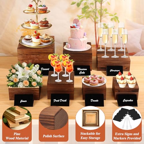 Qinzave 7 Pack Wooden Risers Display Stands with Acrylic Maker Pen and Mini Sign, Food Risers for Buffet Table Shelf Display Stand for Party Catering Dessert Cupcake Jewelry - color: 8.8" 8" 7" 6.5" 6" 5" 5"
