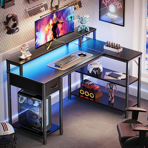 SUPERJARE 47 inch L Shaped Gaming Desk with LED Lights & Power Outlets, Reversible Computer Desk with Shelves & Monitor Stand, Corner Desk with Drawer, for Home & Office, Black - color: Black, size: 47 inch