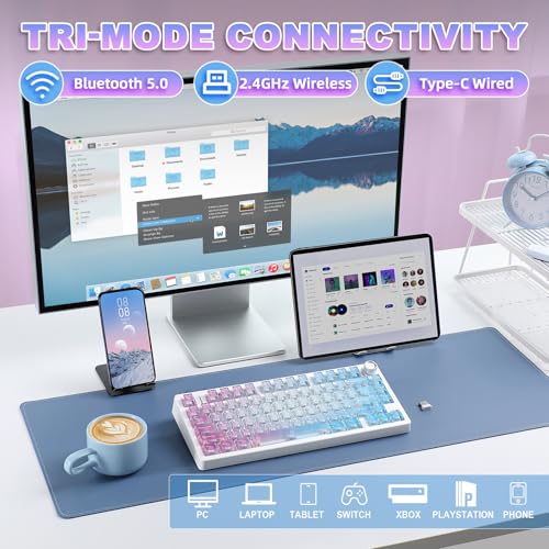 N75 V2 Mechanical Keyboard,75% Layout with Knob,2.4GHz/BT/Wired Tri-Mode Wireless Keyboard, Gasket Hot Swappable Gaming Keyboard,Linear Switches, RGB Backlit for Win & Mac (Pink-Blue Gradient) - color: Pink-Blue Gradient, size: Glacier Pro Switche