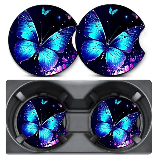 2 Pack Blue Butterfly Car Coasters for Cup Holders,Neoprene Anti Slip Mat | 2.75" Universal Size,Auto Rubber Drink Coasters Decor Car Accessories Interior Blue Butterfly Gifts for Women Men - color: Butterfly - Blue