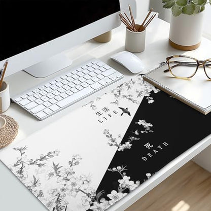 Black and White Cherry Blossom Gaming Mouse Pad XL，Large Mouse Pad Japanese Sakura Death Life Mouse Mat Desk Pad, Extended Stitched Non-Slip Rubber Edges Mousepad 31.5 X 11.8 Inch - color: Black and White Cherry Blossom, size: 31.5x11.8 Inch