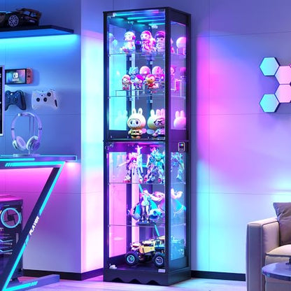 Dystler Display Cabinet with Glass Doors, 6 Tier RGB Lights Curio Cabinet | Adjustable Shelves, Human Sensor Lighting, Modern LED Display Case for Collectibles, Black - color: Black