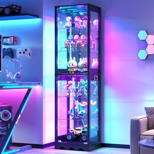 Dystler Display Cabinet with Glass Doors, 6 Tier RGB Lights Curio Cabinet | Adjustable Shelves, Human Sensor Lighting, Modern LED Display Case for Collectibles, Black - color: Black