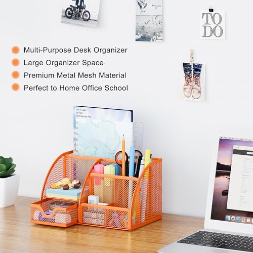 EasyPAG Mesh Desk Organizer with Drawer Multi-functional Pen Holder Stationery Organizer for Office School Supplies 6 Compartments Dorm Organizers and Storage for Desk, Orange - color: Orange