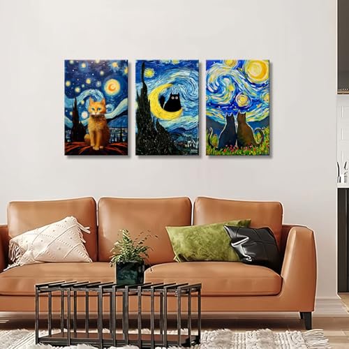 RVRBKTS 3 Frames Starry Night Cats Canvas Wall Art Animals in Famous Paintings Poster Modern Art Picture Home Decor Print Vintage Style Oil Painting Print 16x24 Inch - color: Black star cat, size: 16x24inch