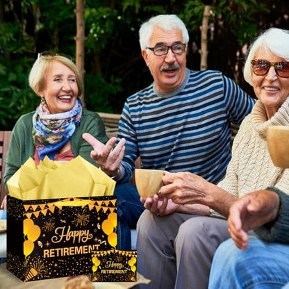 Hooqict Large Retirement Gift Bag Black Gold Happy Retirement Party Gift Bag with Handles, Wrapping Paper, Greeting Card for Men Women Coworker Teacher Farewell Going Away Party Favors - color: Retirement