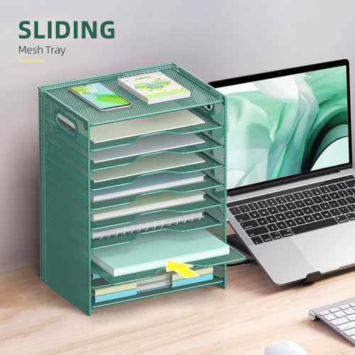 OUTWOLF 10 Tier Paper Organizer - Letter Tray Mesh Desk File Organizer with Handles for Office School Desktop, Green - color: Green