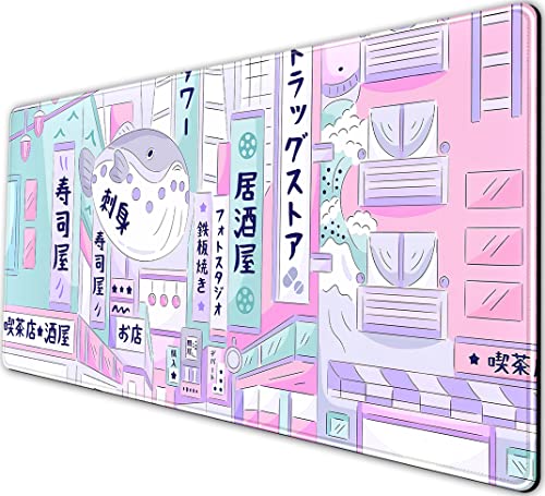 Pastel Tokyo Street Cute Desk Mat - Kawaii Anime Japanese Large Gaming Mousepad - Beige Desktop Laptop Keyboard Mouse Pad - City Aesthetics for Women Girl 31.5x15.75 in - color: Pastel Tokyo Street