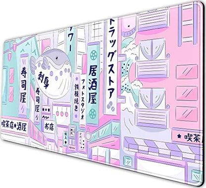Pastel Tokyo Street Cute Desk Mat - Kawaii Anime Japanese Large Gaming Mousepad - Beige Desktop Laptop Keyboard Mouse Pad - City Aesthetics for Women Girl 31.5x15.75 in - color: Pastel Tokyo Street