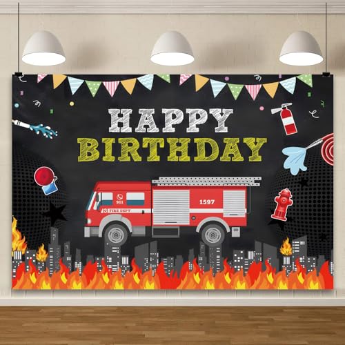 YongFoto Fire Dept Fireman Theme Happy Birthday Backdrop 7x5ft Fire Truck Firefighter Night Skyscraper City Downtown Photography Background Baby Shower Kids Birthday Party Banner Photoshoot Props - color: Style 1, size: 7x5ft