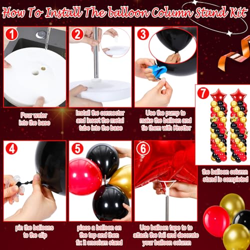Gejoy 110 Pcs Red Gold Black Balloons Column Stand Kit Adjustable Tower Stand from 1.4 to 6.6 ft with Bases for Back to School Wedding Birthday Baby Shower Party - color: Red Gold Black
