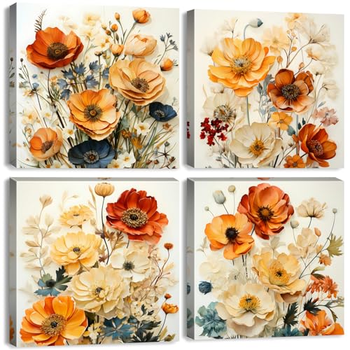 Orange Wall Art Flower Pictures Wall Decor for Bathroom Vintage Floral Pictures Burnt Orange Wildflower Canvas Prints Nature Botanical Paintings Artwork Living Room Bedroom Home Decoration 12x12" 4Pcs - color: Fall Flower, size: 12 x 12 in