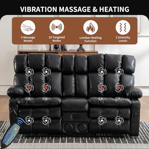 Loveseat Recliner Sofa with Massage & Heat, Reclining Loveseat with Console with Drop Down Table, Bluetooth Speaker, USB/Outlet/Storage/Cup Holder/Side Pocket, Home Theater Seating, Black - color: Black, size: Loveseat with Console