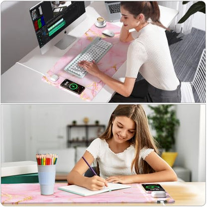 Pink Marble Mouse Pad with 15W Wireless Charging, 31.5"x15.8" Large Gaming Desk Pad/Mat for Women Girls, Waterproof Ultra-Smooth Surface, Non-Slip Base - color: Pink Marble-31.5"x15.8"
