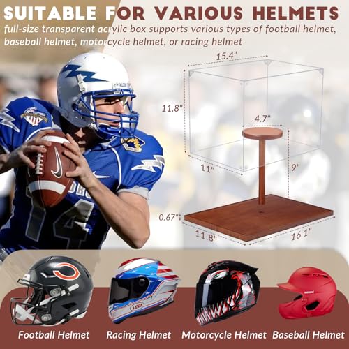 JupDec Football Helmet Display Case, Full Size Acrylic Baseball Motorcycle Helmet Showcase, UV Protection Souvenirs and Collectibles Box with Solid Wood Base & Riser, Ideal Gift for Sports Enthusiast - size: 1 Pack