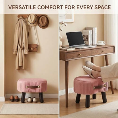 Foot Stools Small, Ottomon with Handle, Velvet Footrest Ottoman | Curved Foot Stool with Padded Seat Wooden Legs, Portable Foot Rest for Living Room, Bedroom, Entryway (Pink) - color: Pink