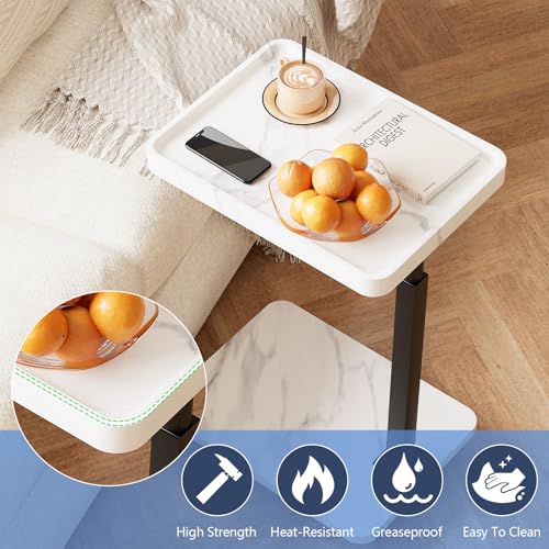 Adjustable Tv Trays for Eating on Couch That Slide Under,360° Swivel C Shaped End Sofa Side Snack Table with Wheels for Living Room and Bedroom, Bed,Chair, (White Marble+Black) - color: White Marble+black
