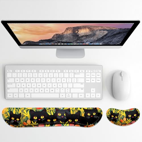 Dapesuom Enlarge Keyboard Wrist Rest, Memory Foam Wrist Cushion for Desk Mats Support, Cute Typing Pain Relief Keyboard Mouse Pad Rests Set with Non-Slip Base for Gaming Laptop Computer, Black Cats - color: Black Cats